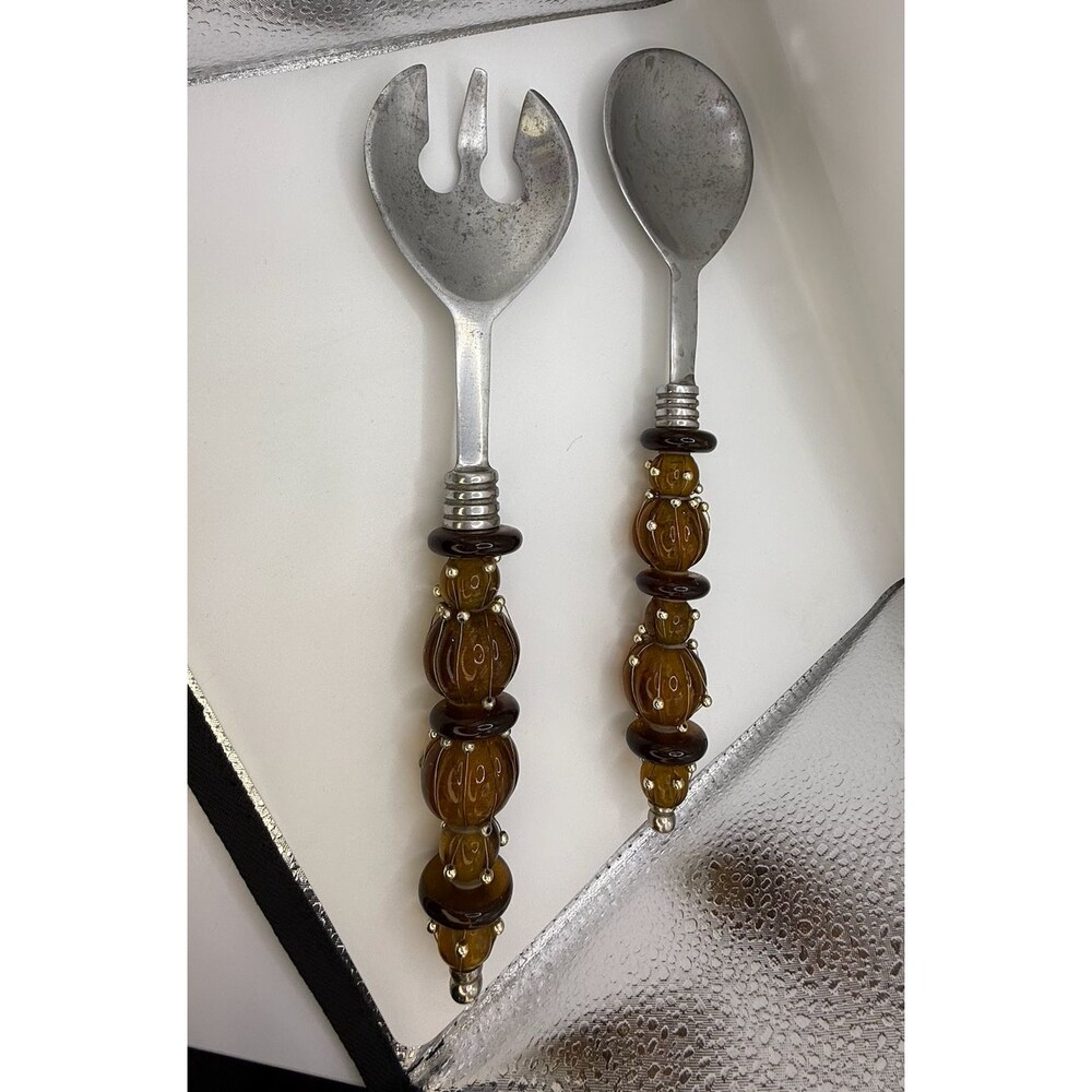 Art Glass Beaded Handle 12" Salad Servers Retro Color Design